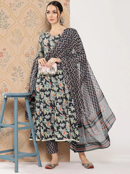 Women Floral Printed Regular Pure Cotton Kurta With Trousers & With Dupatta
