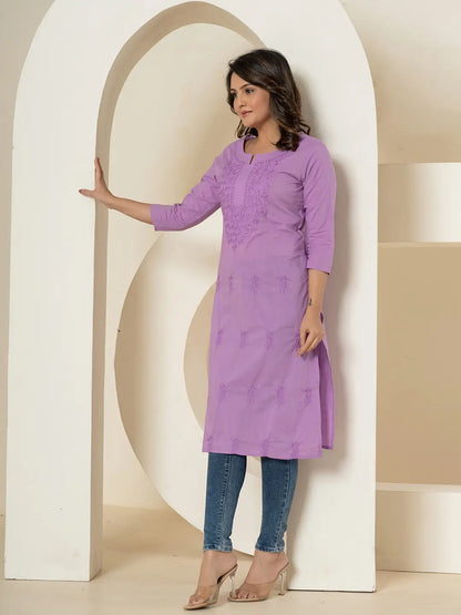 Women Lavender Chikankari Straight Kurta