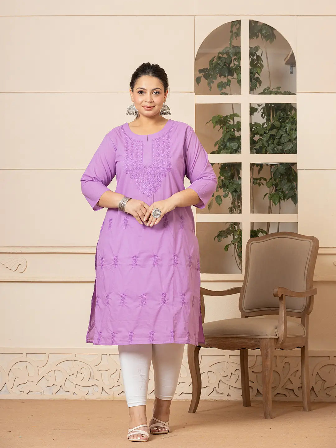 Women Lavender Floral Straight Plus Size Kurta