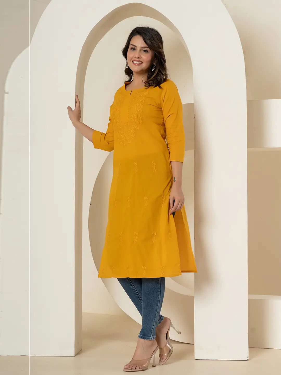 Women Mustard Chikankari Straight Kurta