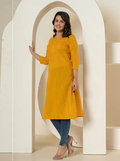 Women Mustard Chikankari Straight Kurta