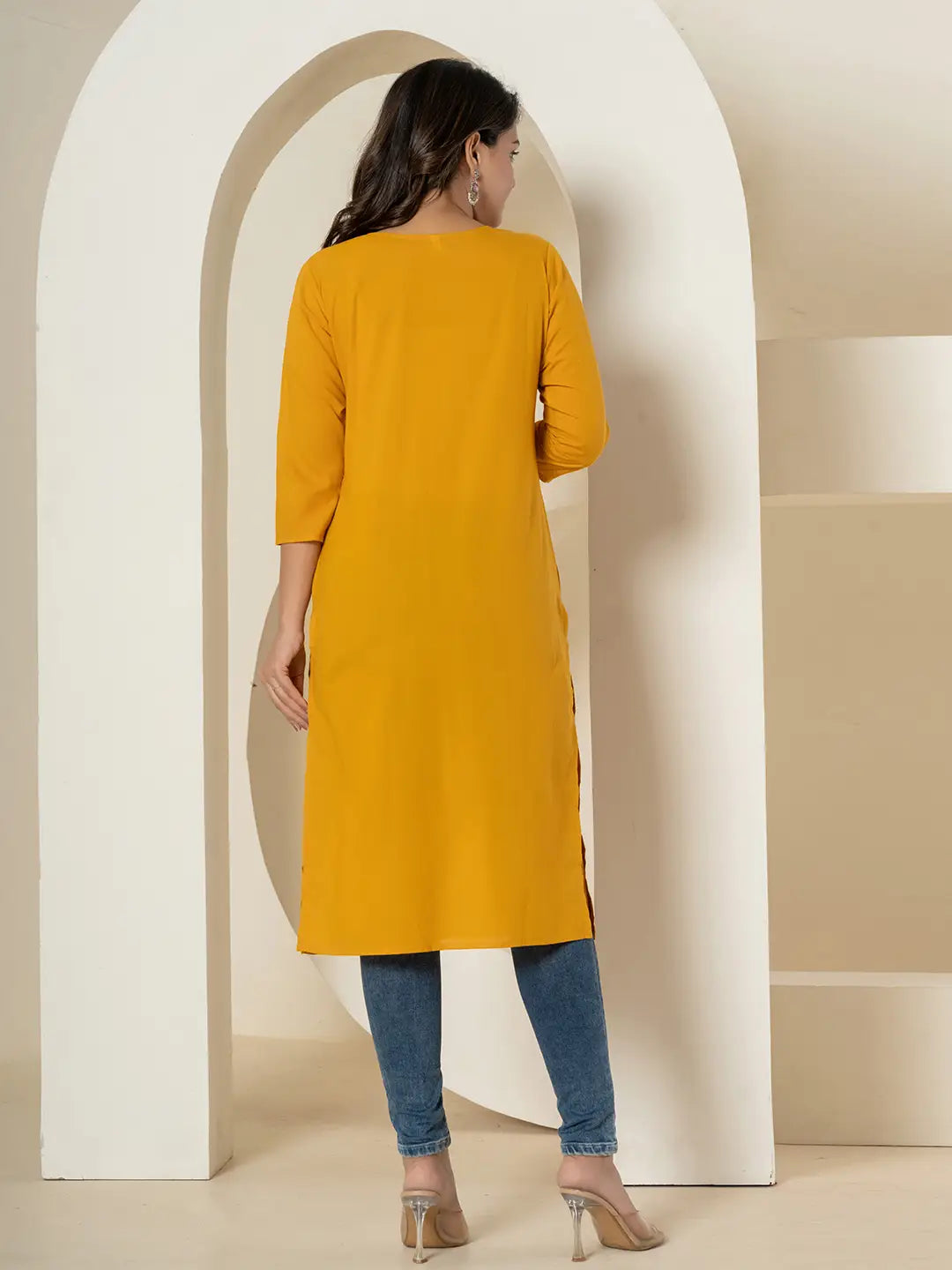 Women Mustard Chikankari Straight Kurta