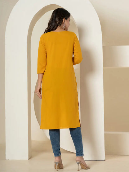 Women Mustard Chikankari Straight Kurta