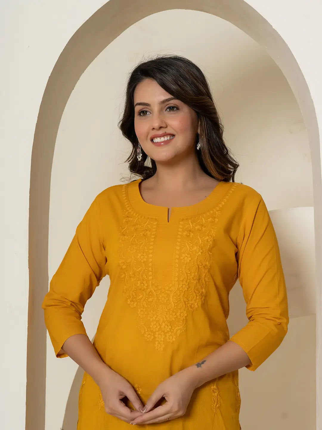 Women Mustard Chikankari Straight Kurta