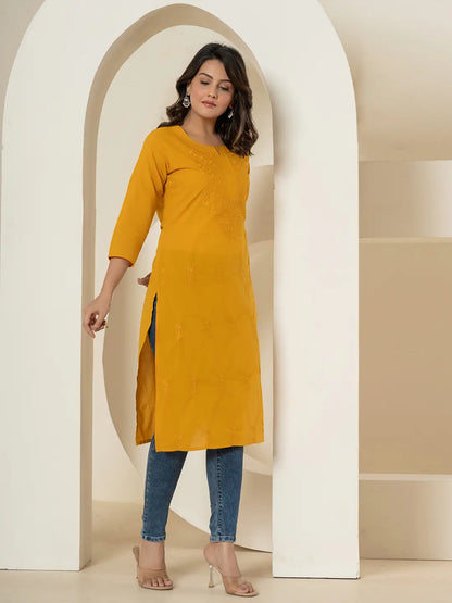 Women Mustard Chikankari Straight Kurta