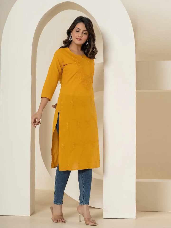 Women Mustard Chikankari Straight Kurta