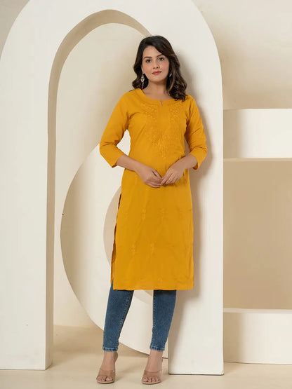 Women's Mustard Cotton Mustard Chikankari Straight Kurta by Yufta, suitable for wholesale buyers, boutiques, retailers, resellers and bulk fashion orders from Trendphoria