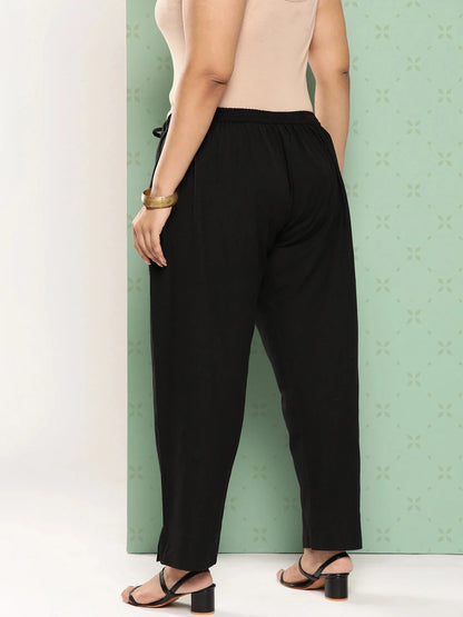 Women Plus Size Black Cotton Ethnic Trousers