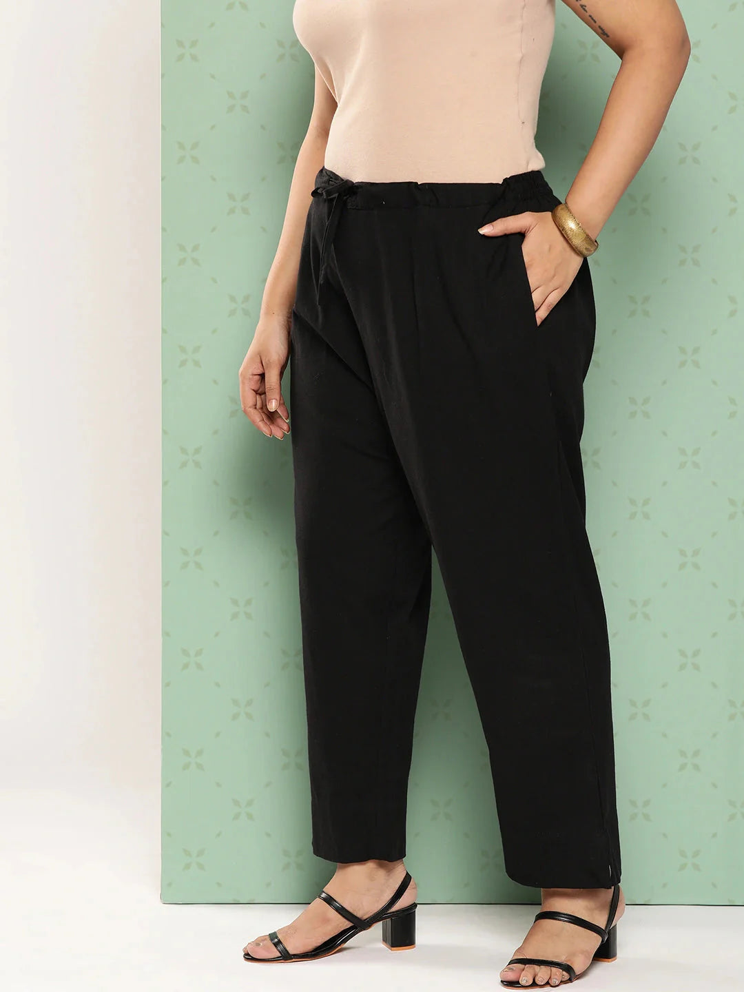 Women Plus Size Black Cotton Ethnic Trousers