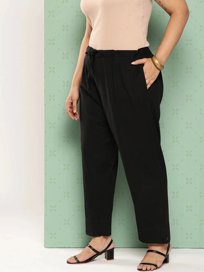 Women Plus Size Black Cotton Ethnic Trousers