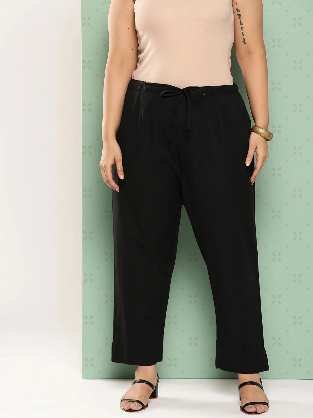 Women Plus Size Black Cotton Ethnic Trousers