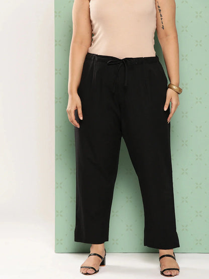 Women Plus Size Black Cotton Ethnic Trousers
