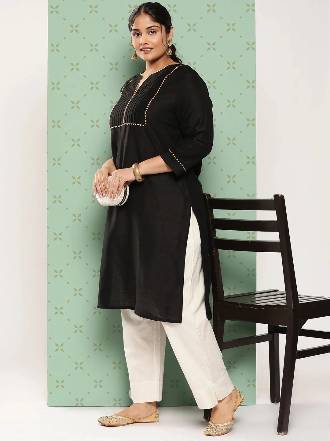 Women Plus Size Cream Pure Cotton Ethnic Trousers