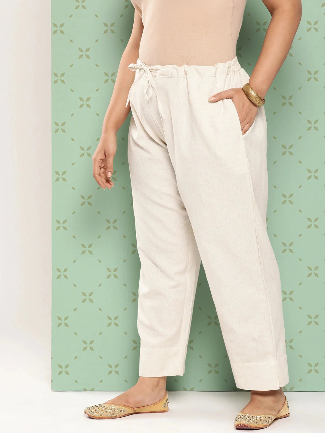 Women Plus Size Cream Pure Cotton Ethnic Trousers