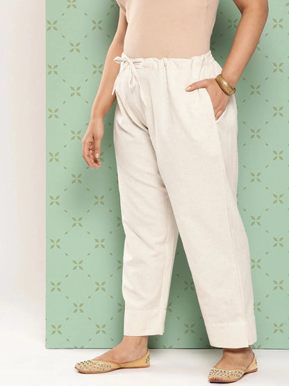 Women Plus Size Cream Pure Cotton Ethnic Trousers