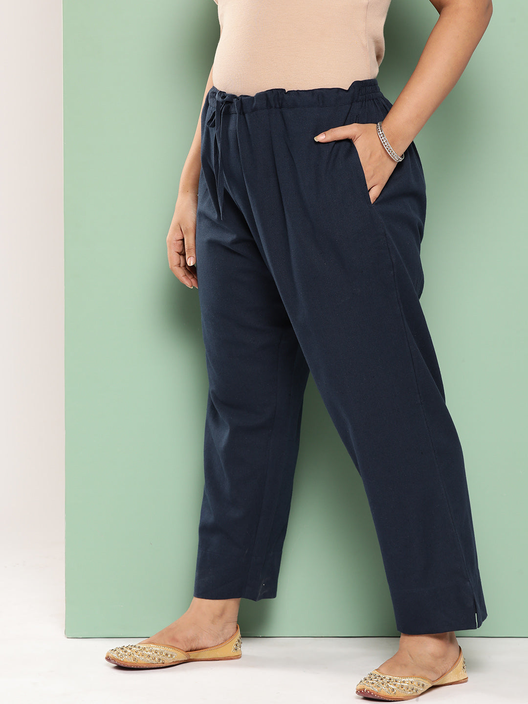 Women Plus Size Navy Blue Cotton Ethnic Trousers