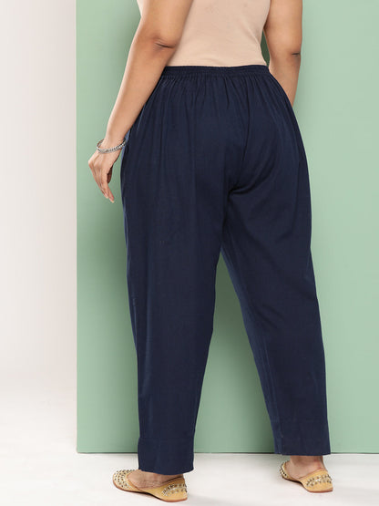 Women Plus Size Navy Blue Cotton Ethnic Trousers