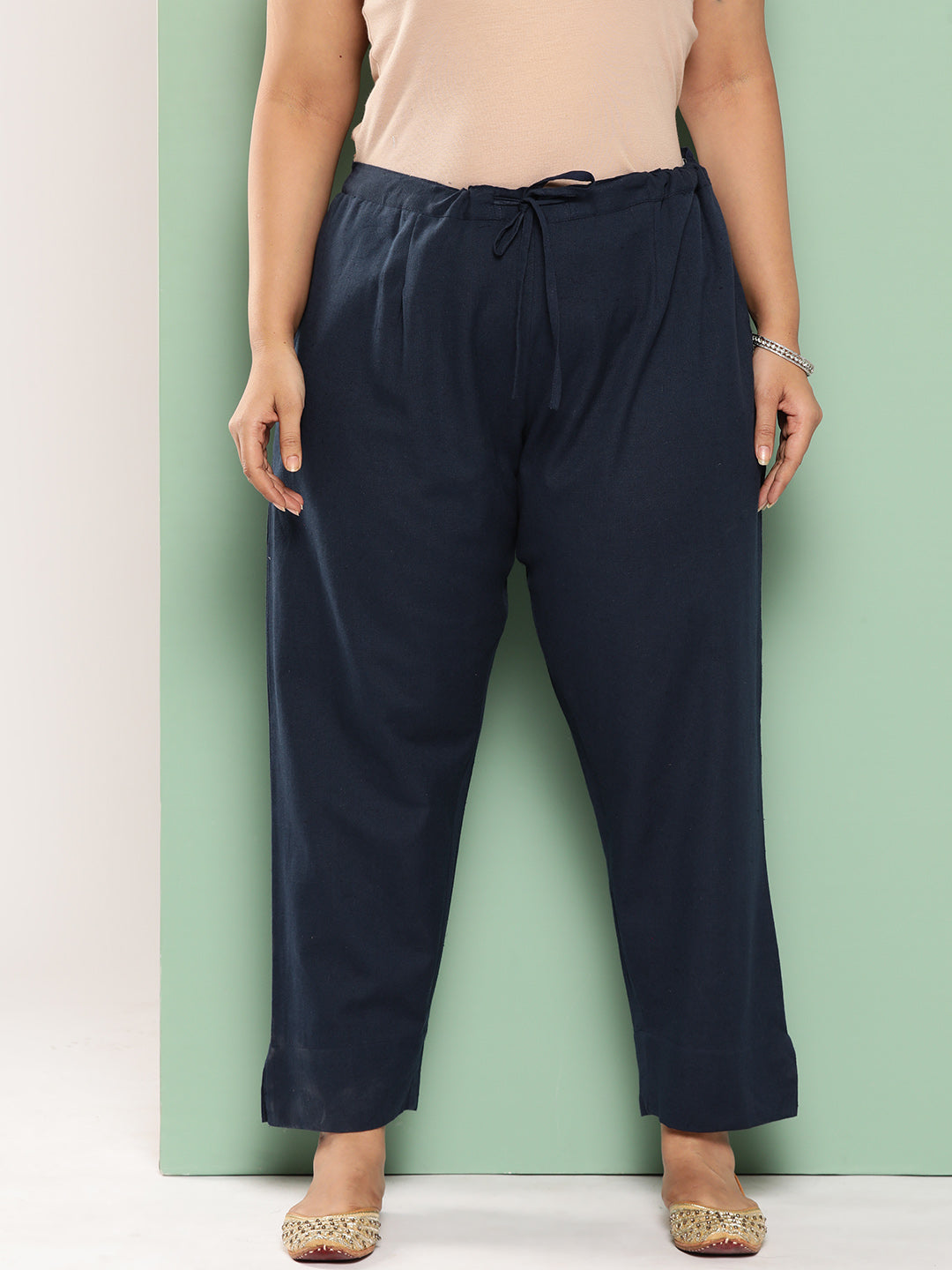 Women Plus Size Navy Blue Cotton Ethnic Trousers