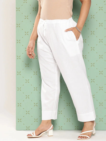 Women Plus Size White Cotton Ethnic Trousers