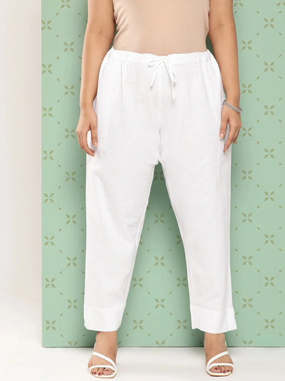Women's White Cotton Plus Size White Cotton Ethnic Trousers by Yufta, suitable for wholesale buyers, boutiques, retailers, resellers and bulk fashion orders from Trendphoria