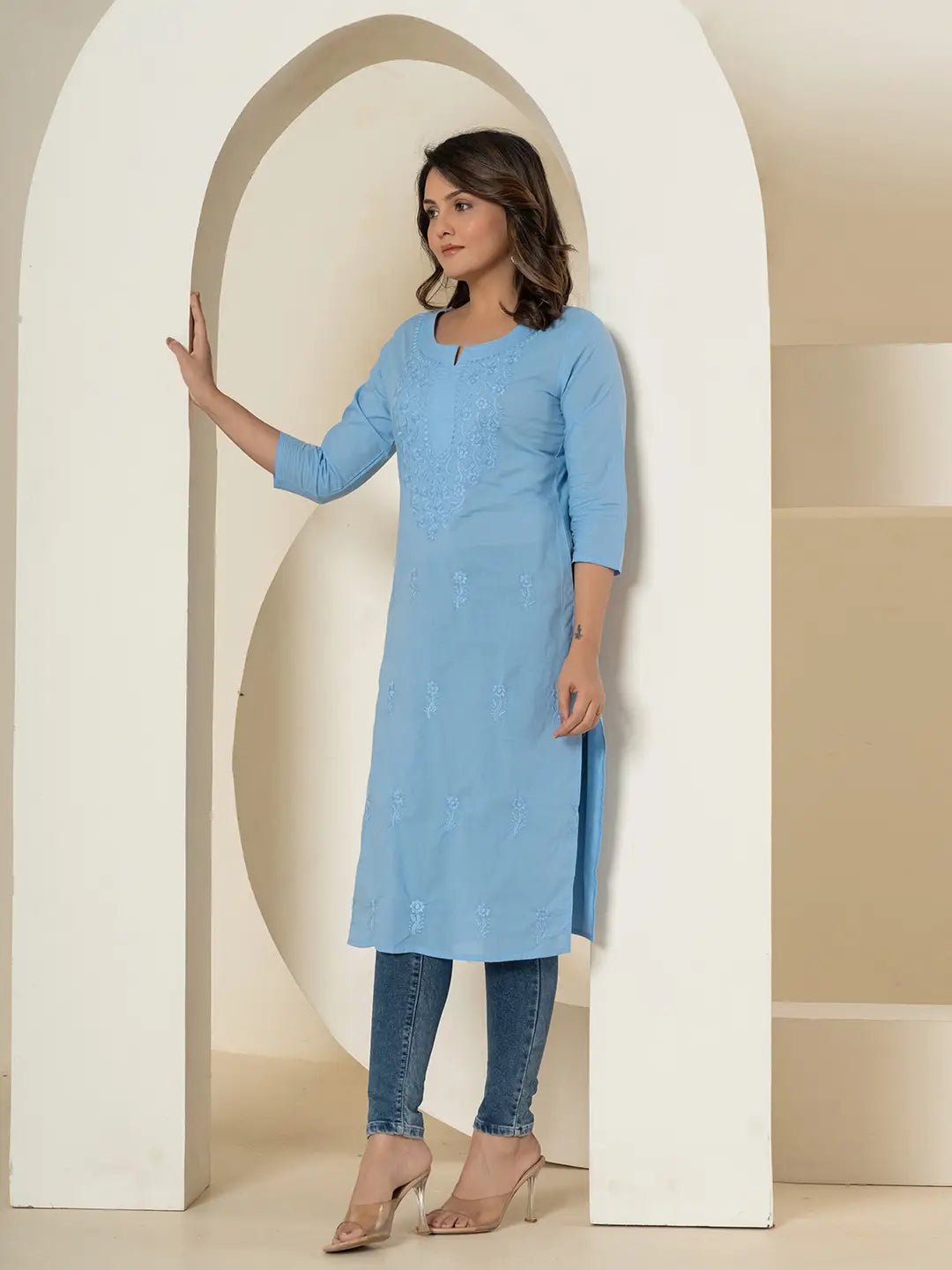 Women Sky Blue Chikankari Straight Kurta