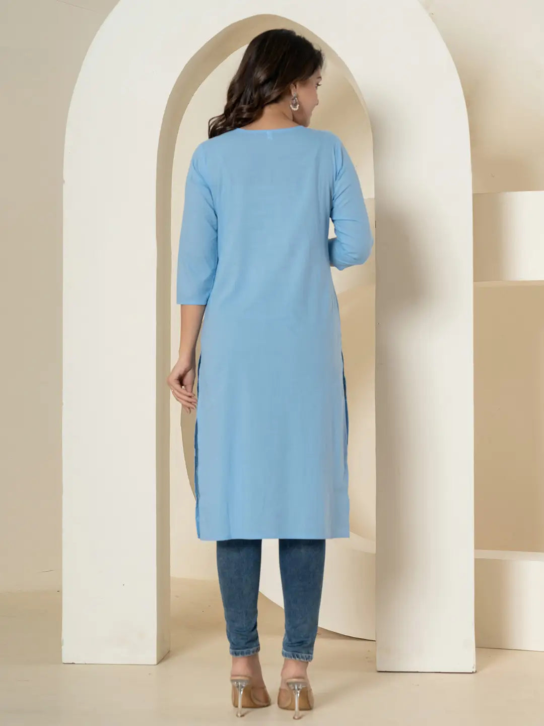 Women Sky Blue Chikankari Straight Kurta