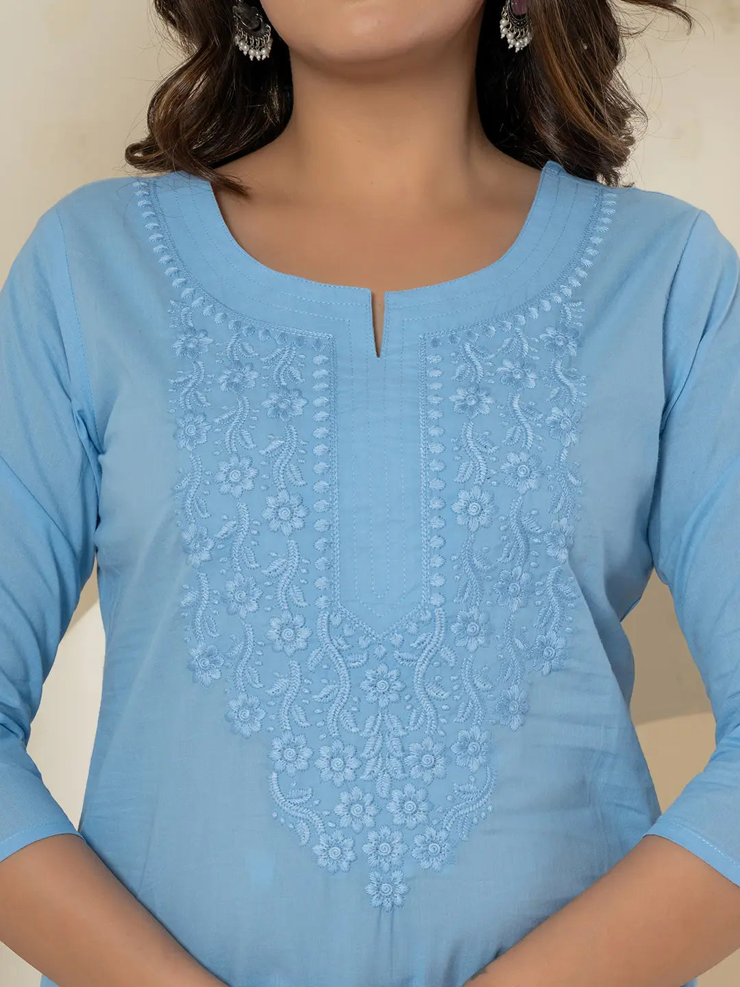 Women Sky Blue Chikankari Straight Kurta