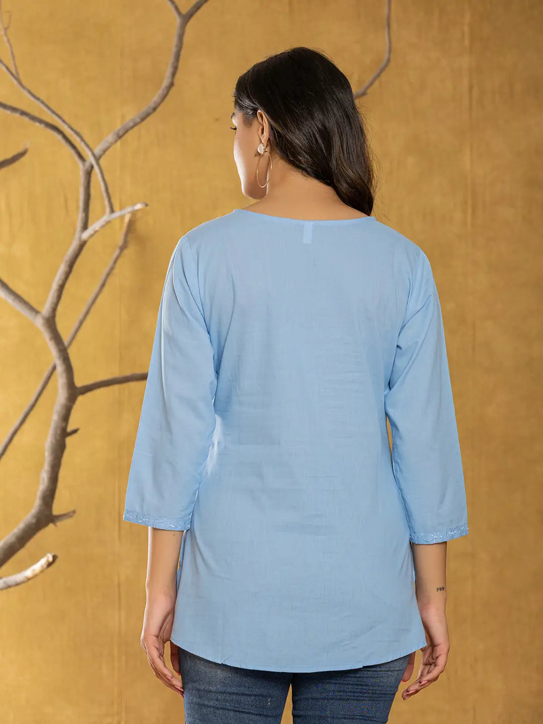 Women Sky Blue Chikankari Striped Regular Top
