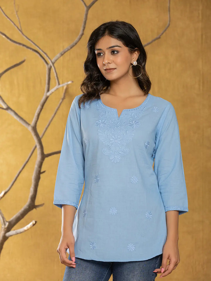 Women Sky Blue Chikankari Striped Regular Top