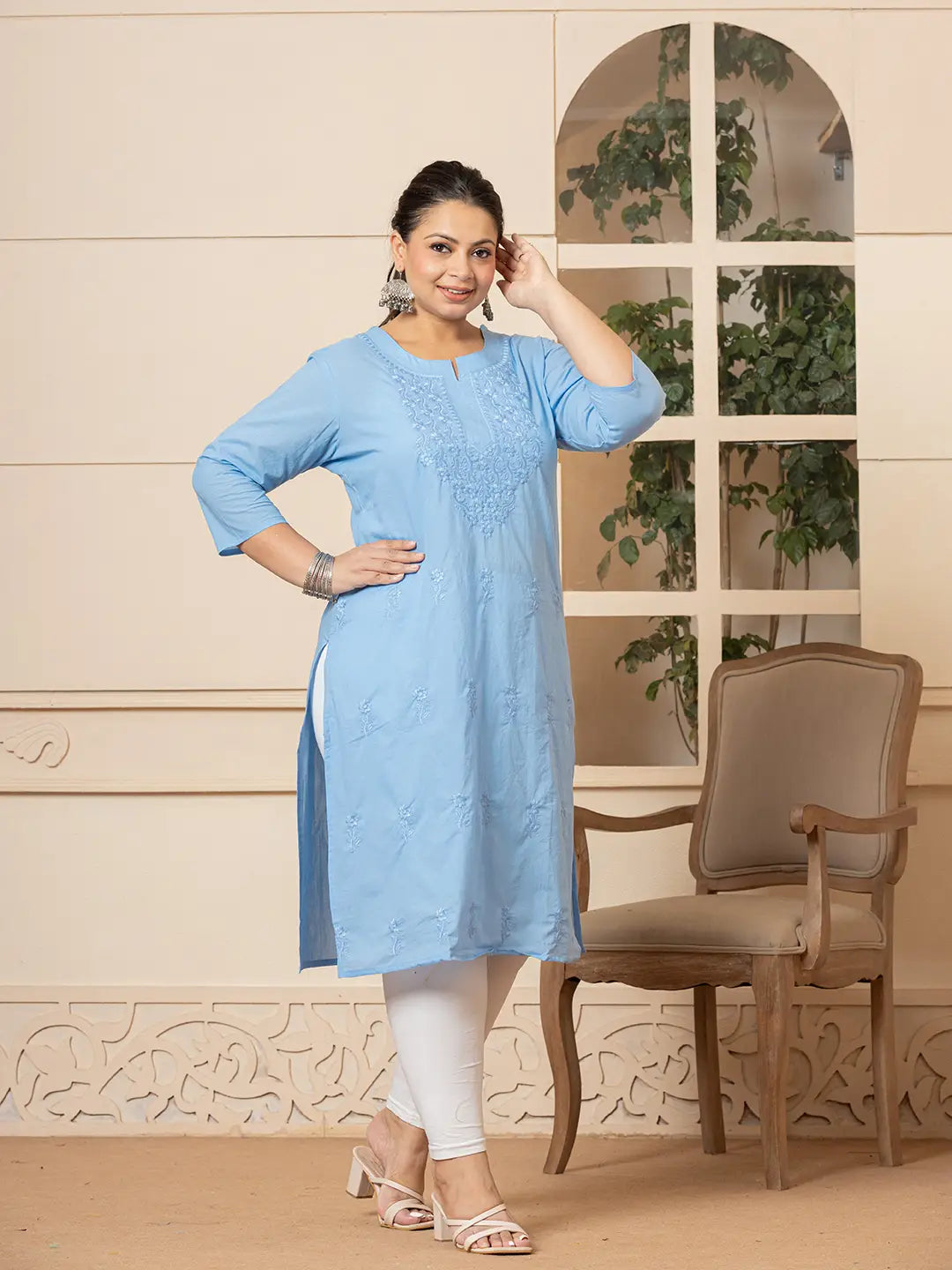Women Sky Blue Floral Straight Plus Size Kurta
