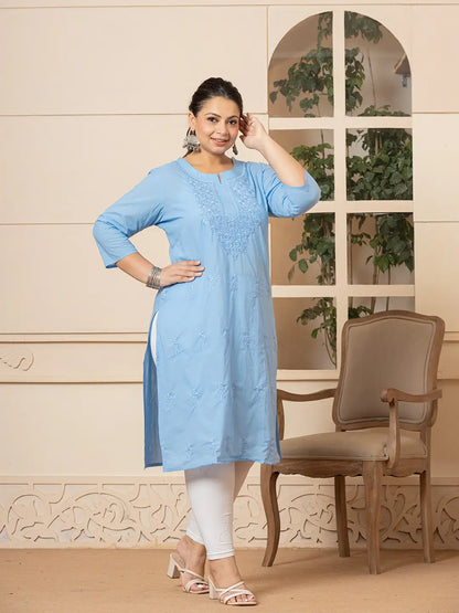 Women Sky Blue Floral Straight Plus Size Kurta