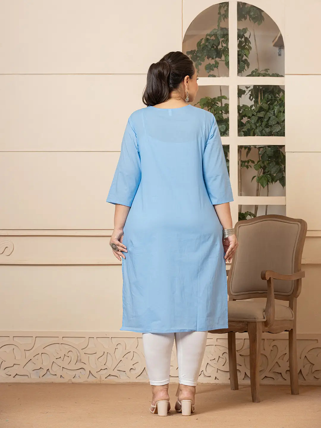 Women Sky Blue Floral Straight Plus Size Kurta