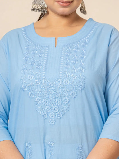 Women Sky Blue Floral Straight Plus Size Kurta