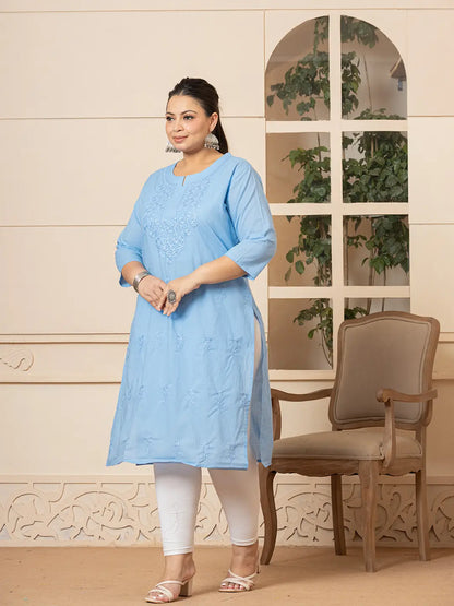 Women Sky Blue Floral Straight Plus Size Kurta