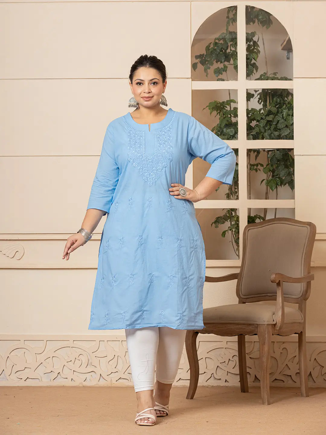 Women Sky Blue Floral Straight Plus Size Kurta