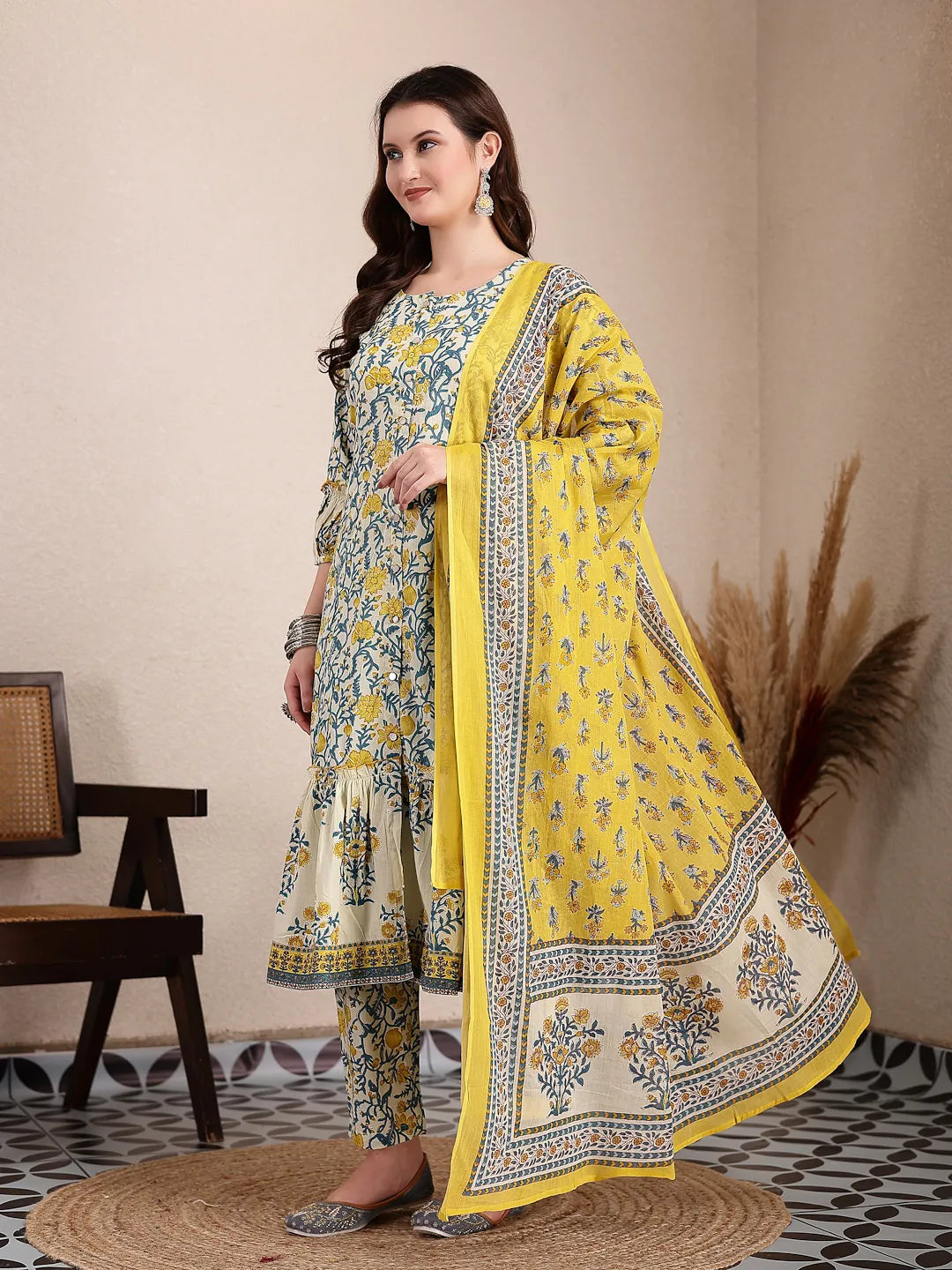 Yellow And Beige Pure Cotton Floral Print Tiered Kurta Dupatta Set