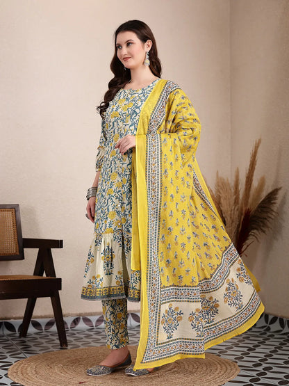Yellow And Beige Pure Cotton Floral Print Tiered Kurta Dupatta Set