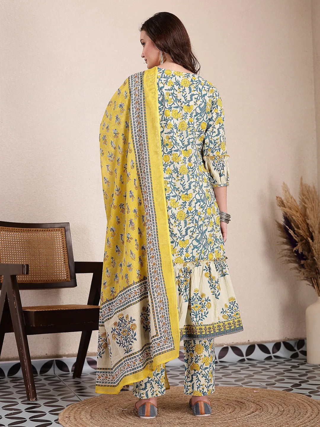 Yellow And Beige Pure Cotton Floral Print Tiered Kurta Dupatta Set