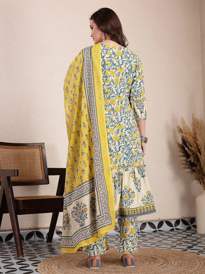 Yellow And Beige Pure Cotton Floral Print Tiered Kurta Dupatta Set