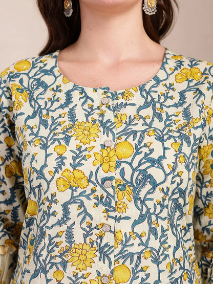 Yellow And Beige Pure Cotton Floral Print Tiered Kurta Dupatta Set