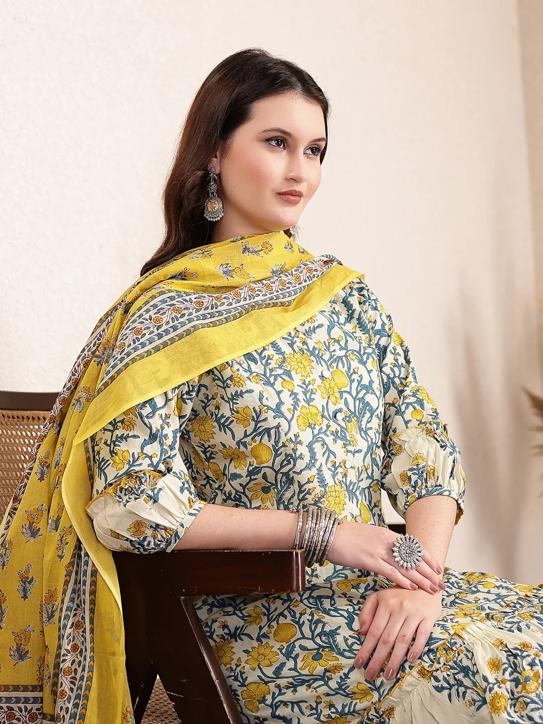 Yellow And Beige Pure Cotton Floral Print Tiered Kurta Dupatta Set