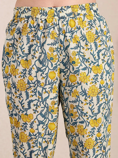 Yellow And Beige Pure Cotton Floral Print Tiered Kurta Dupatta Set