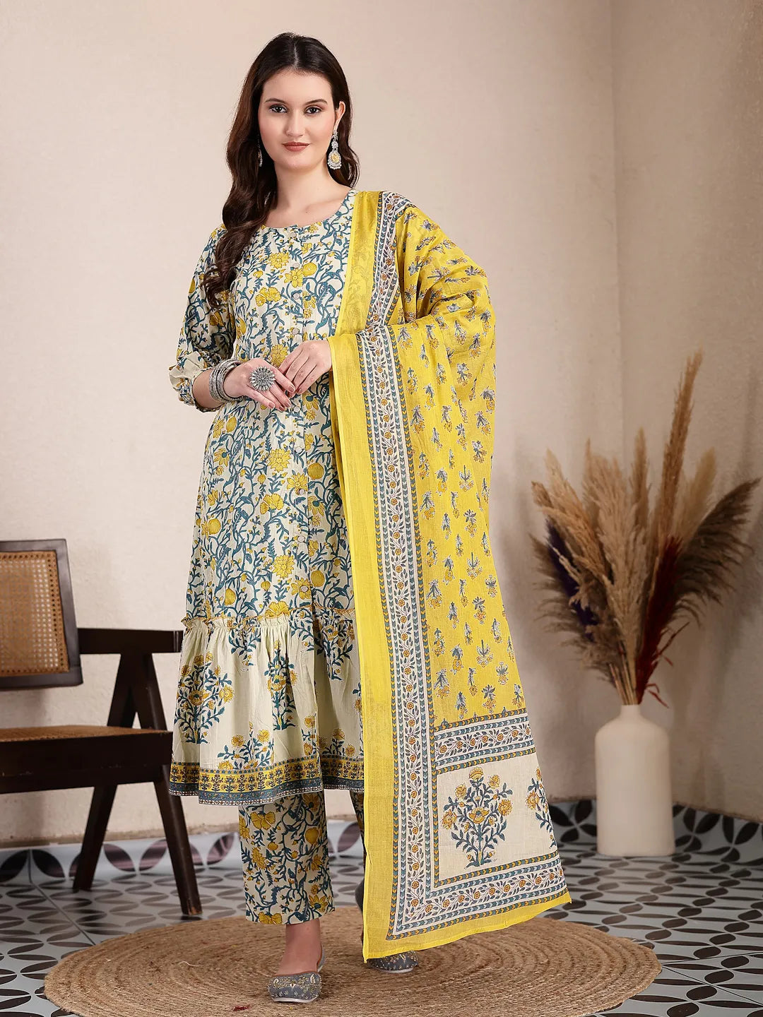 Yellow And Beige Pure Cotton Floral Print Tiered Kurta Dupatta Set