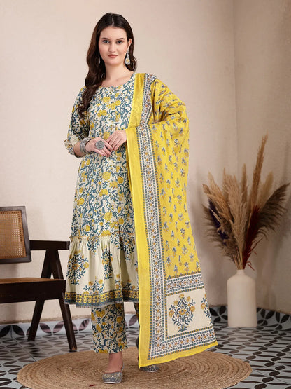 Yellow And Beige Pure Cotton Floral Print Tiered Kurta Dupatta Set