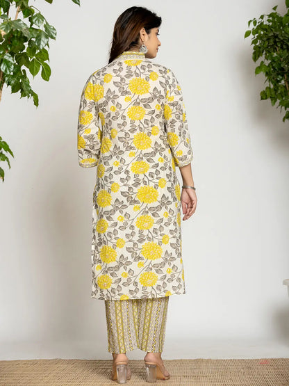 Yellow And Off White Cotton Pakistani Style Kurta Dupatta Set