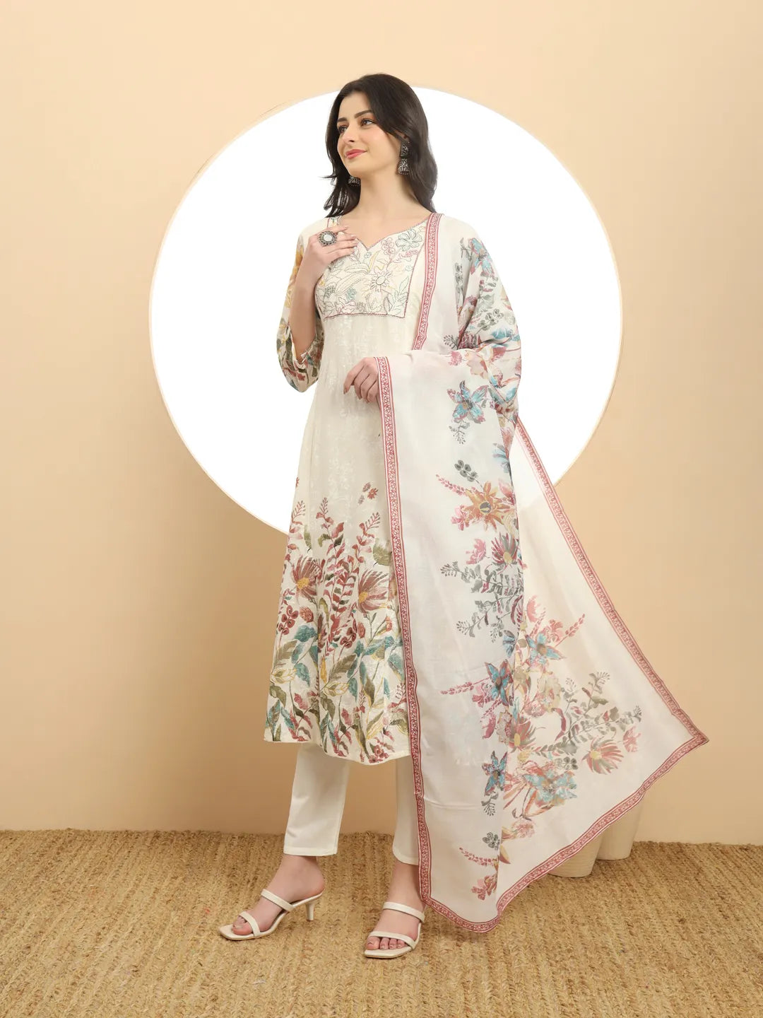 Yellow And White A Line Premium Mul Cotton Kurta Dupatta Pant Set