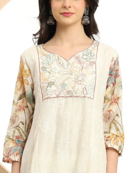 Yellow And White A Line Premium Mul Cotton Kurta Dupatta Pant Set