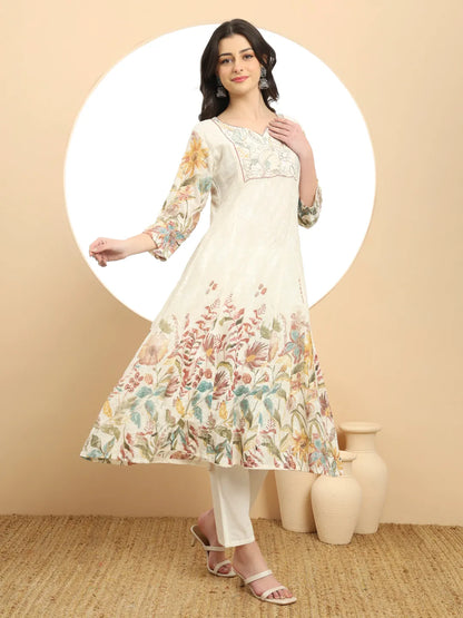 Yellow And White A Line Premium Mul Cotton Kurta Dupatta Pant Set