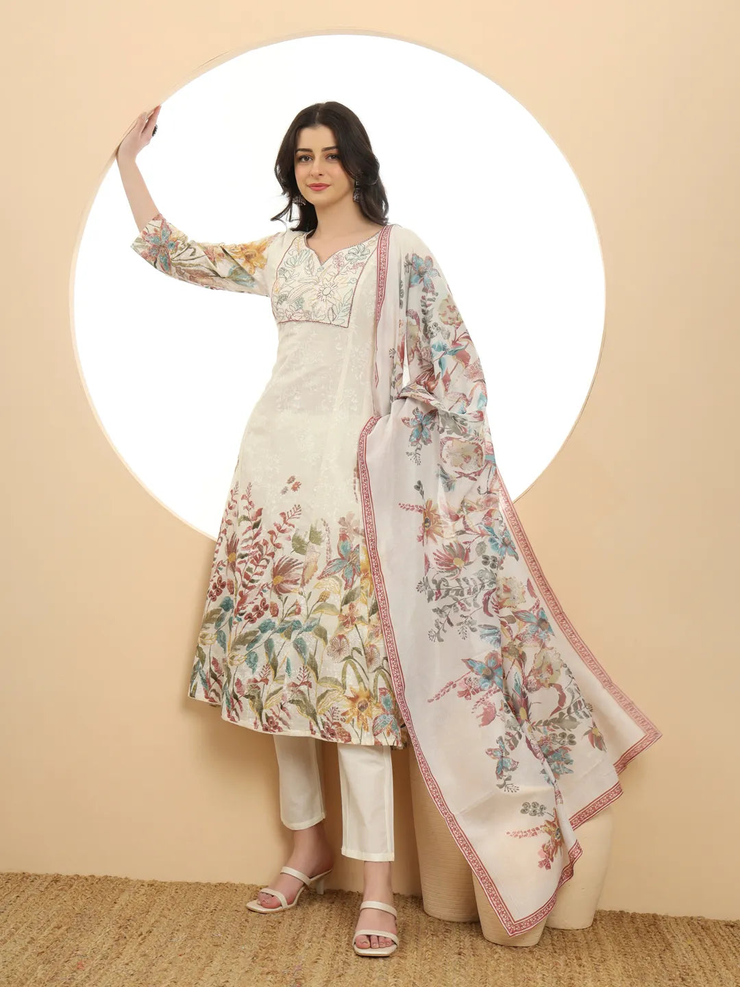 Yellow And White A Line Premium Mul Cotton Kurta Dupatta Pant Set