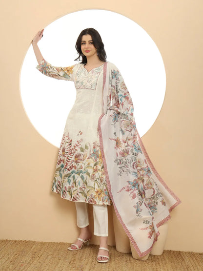 Yellow And White A Line Premium Mul Cotton Kurta Dupatta Pant Set